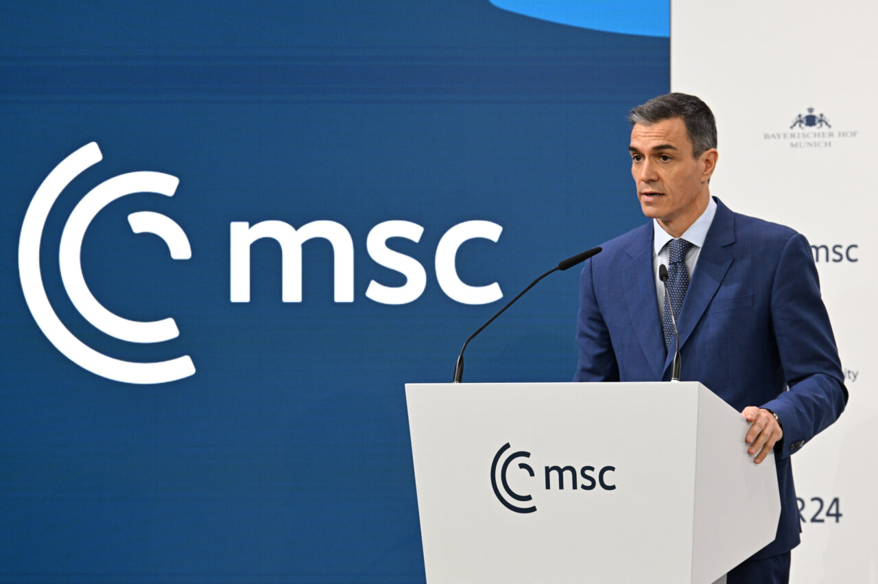 El presidente del Gobierno de España, Pedro Sánchez, durante su intervención en la Conferencia de Seguridad de Múnich (Borja Puig de la Bellacasa, La Moncloa)