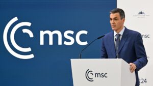 El presidente del Gobierno de España, Pedro Sánchez, durante su intervención en la Conferencia de Seguridad de Múnich (Borja Puig de la Bellacasa, Moncloa)