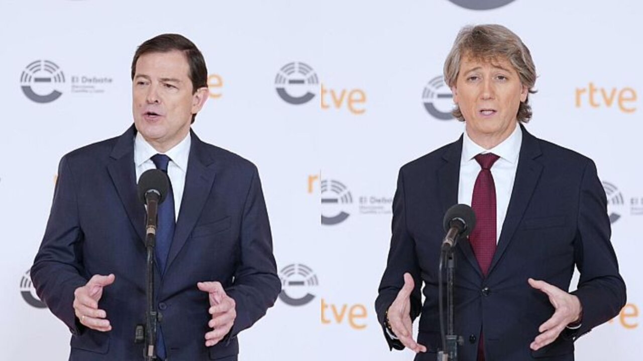 El presidente de la Junta de Castilla y León y candidato del PP a la relección, Alfonso Fernández Mañueco, y el candidato del PSOE, Carlos Martínez (RTVE)