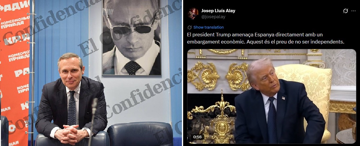 Josep Lluís Alay, en una visita a Moscou, i un missatge seu a X comentant les amenaces de Trump a Espanya
