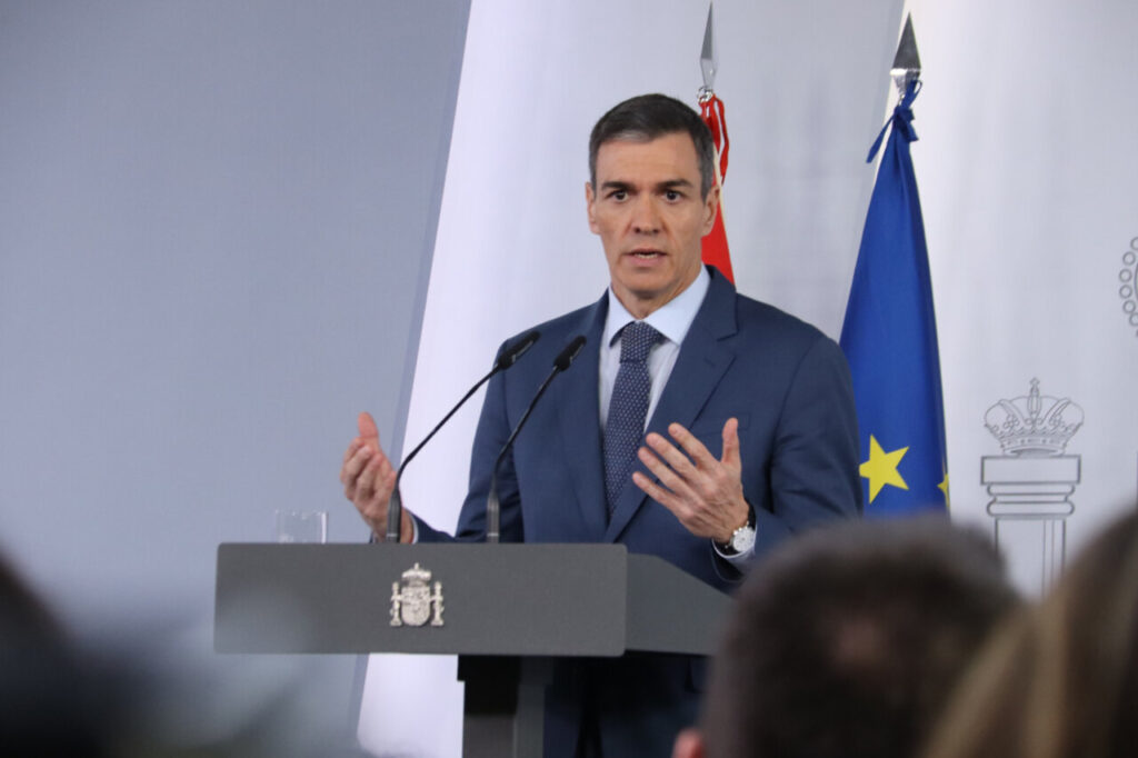 El president espanyol, Pedro Sánchez, durant la seva compareixença a La Moncloa