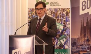 El president de la Generalitat, Salvador Illa, en la sessió inaugural del Congrés de la Unió dels Federalistes Europeus (Foto: José Luque)