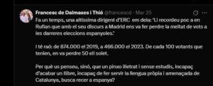 Tuit de Francesc de Dalmases criticando a Gabriel Rufián