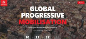 Imatge de la cimera progressista a Barcelona amb un fons de la ciutat.