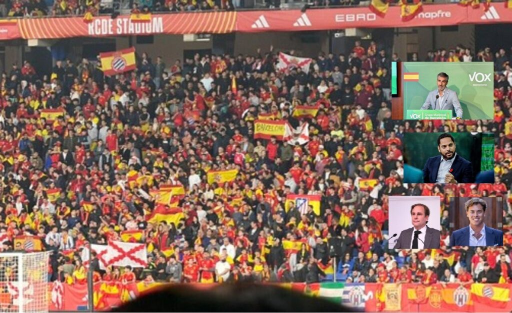 Graderia plena de banderes espanyoles durant un partit al RCDE Stadium.