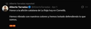 Alberto Tarradas compartint un missatge sobre l'afició de La Roja.