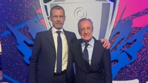 Alexander Ceferin i Florentino Pérez en un esdeveniment de la UEFA (Reial Maxdrid CF)
