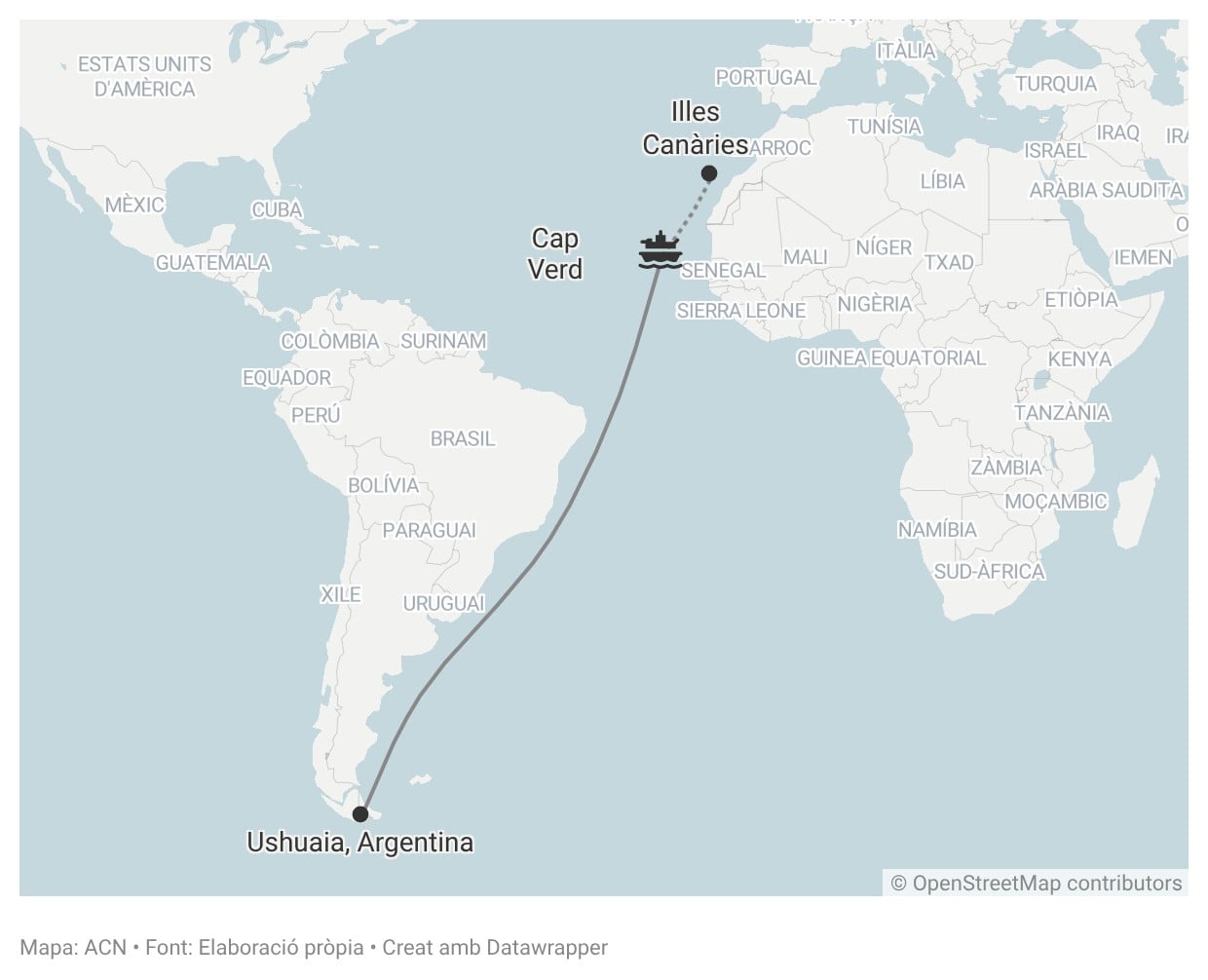 Mapa que mostra la ruta del creuer MV Hondius des d'Ushuaia a Cap Verd.