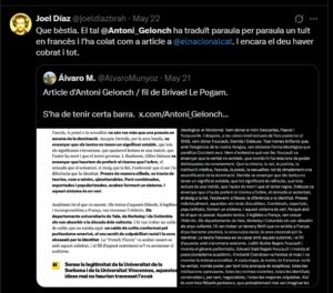 Tuit de Joel Díaz criticant Antoni Gelonch per un article