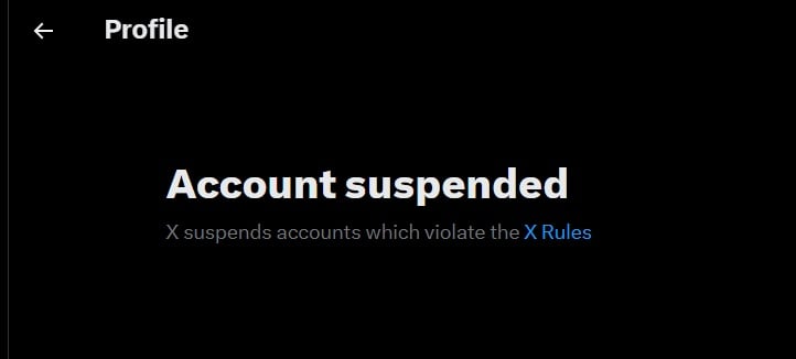 Pantalla que mostra un compte suspès a la xarxa social X.