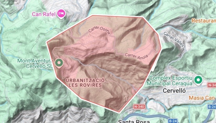 Àrea afectada pel confinament per l'incendi de Cervelló (Protecció Civil)