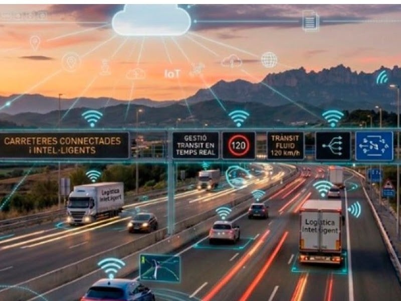 Imatge d'una carretera amb senyals intel·ligents i vehicles en moviment